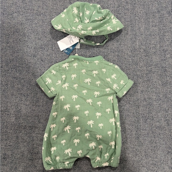 jojo maman bebe palm tree 2 piece cheesecloth romper-hat set | size 0-3 months - Picture 3 of 6